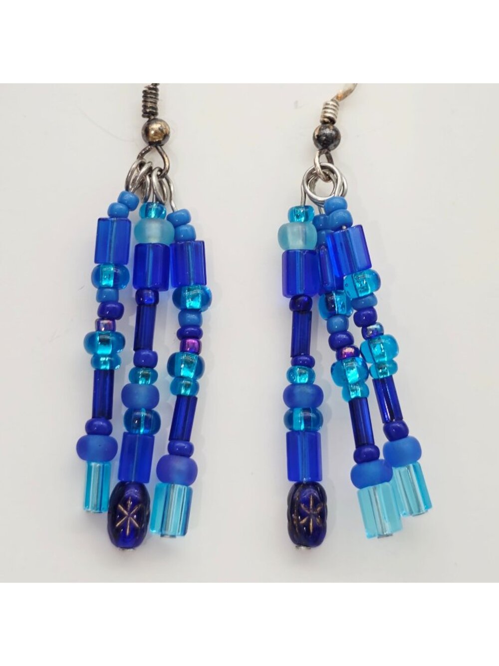Beaded Dangle Earrings Handmade In Blue With Silver Hooks 2"